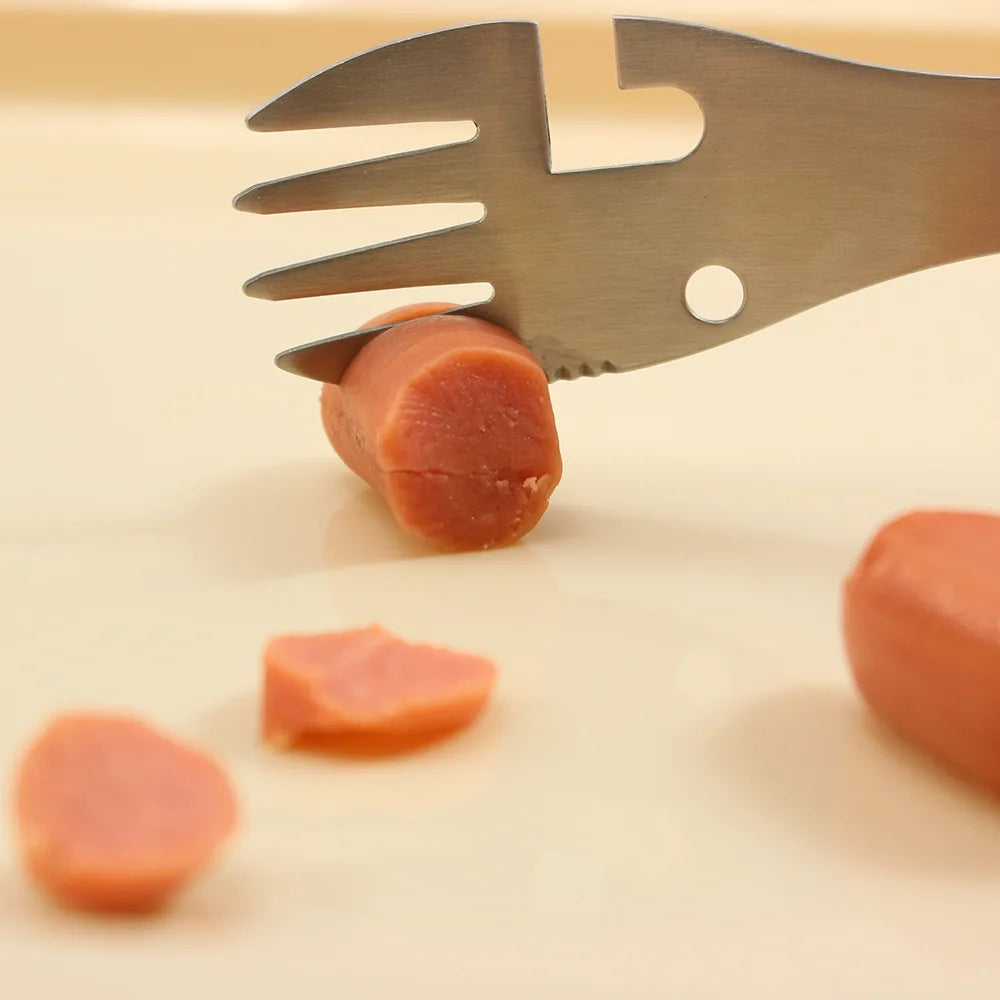 Multifunctional 5-in-1 Survival Tool – Portable Camping EDC Kit with Knife, Fork, Spoon and Bottle/Can Opener