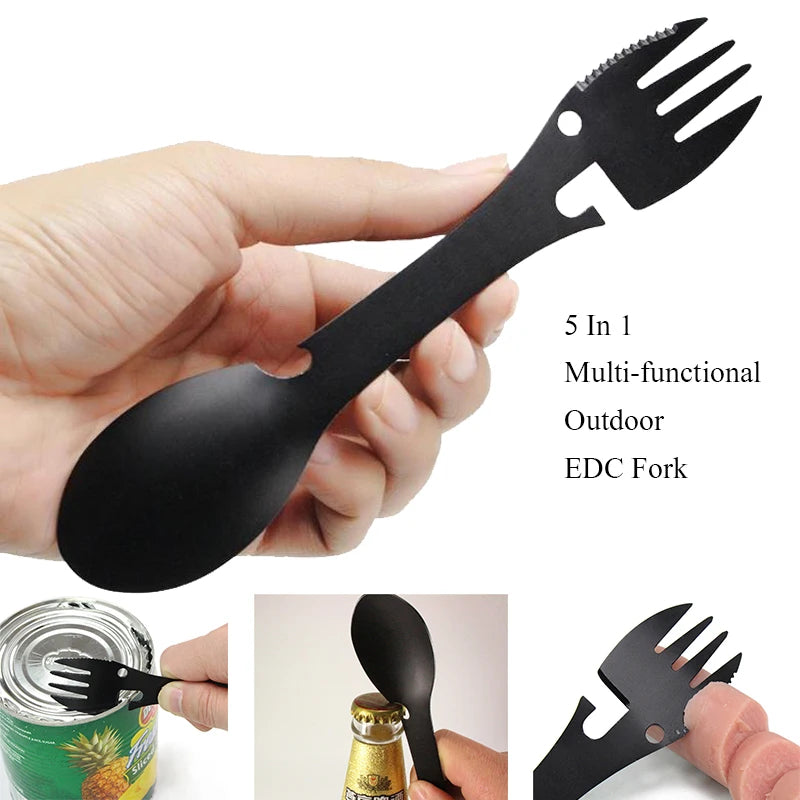 Multifunctional 5-in-1 Survival Tool – Portable Camping EDC Kit with Knife, Fork, Spoon and Bottle/Can Opener