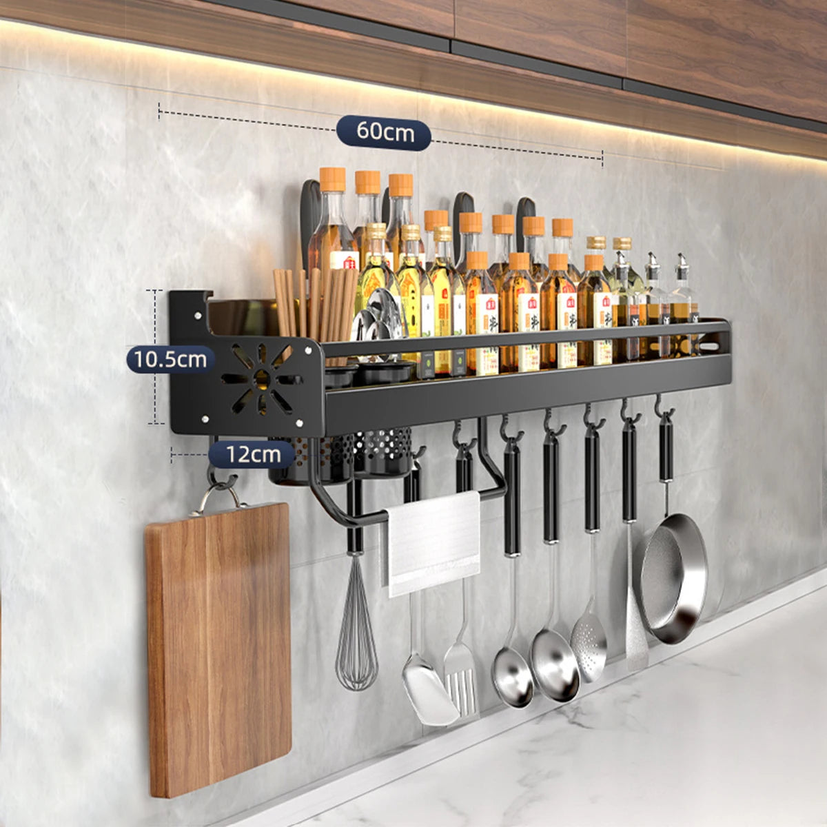 Metal Kitchen Shelf No-Punch Large Capacity Storage Kitchen Utensils Skeletonized Drainage Design Easy to Clean Black