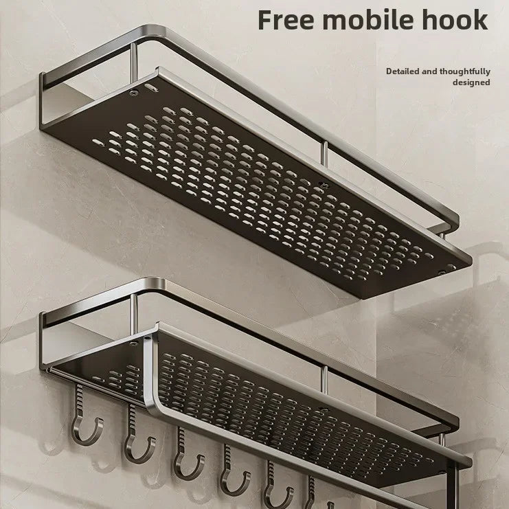 Bathroom storage rack, non perforated washbasin, hand washing and shower area, shower gel wall storage rack