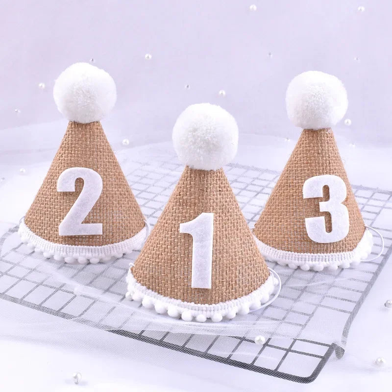 Baby First Birthday Party Hat – Linen Felt Burlap Hat for 1st, 2nd, 3rd Birthday, Baby Shower Headband Decor, Photo Prop