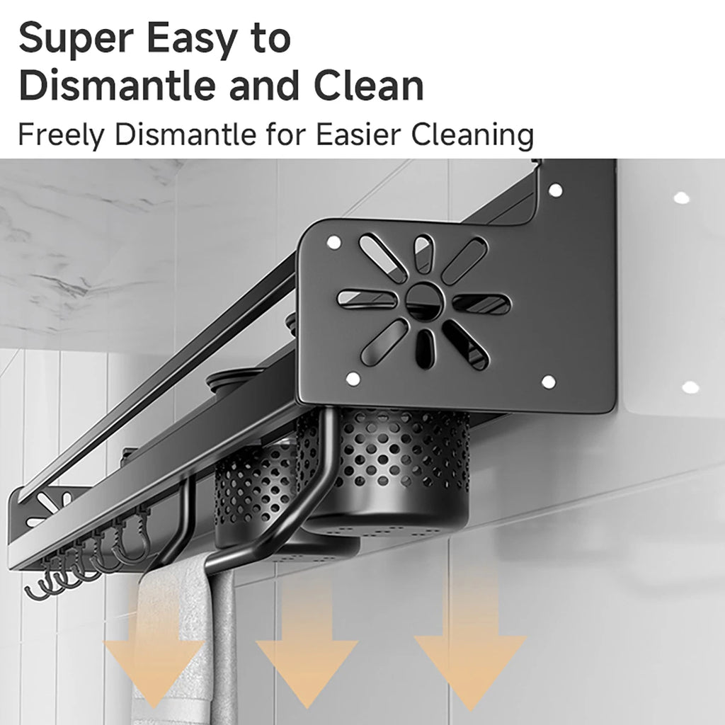 Metal Kitchen Shelf No-Punch Large Capacity Storage Kitchen Utensils Skeletonized Drainage Design Easy to Clean Black