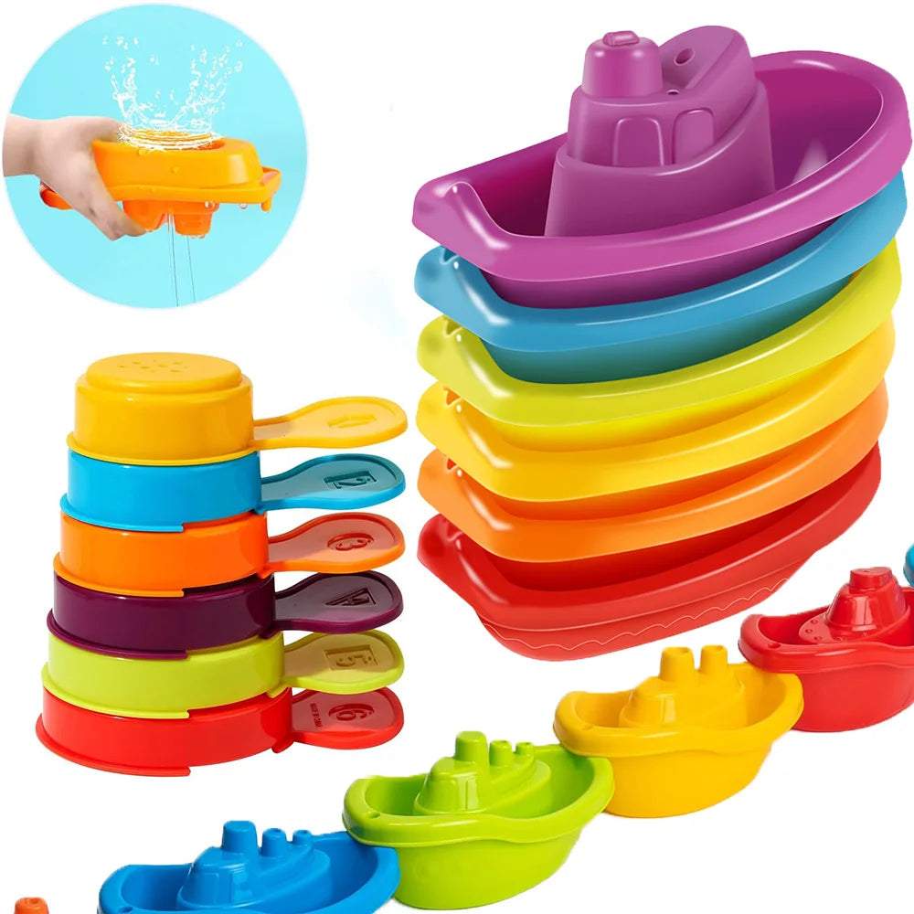 Baby Bath Toys Set – Rainbow Stacking Cups & Boats with Spoons, Educational Bath Toy Stacking Tower for Babies and Toddlers