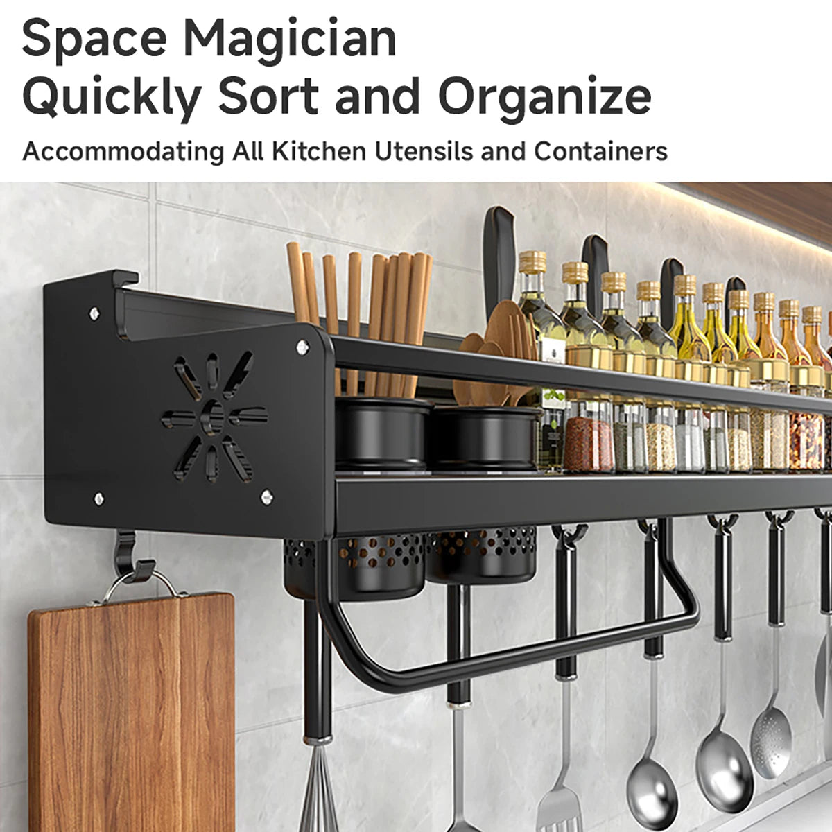 Metal Kitchen Shelf No-Punch Large Capacity Storage Kitchen Utensils Skeletonized Drainage Design Easy to Clean Black