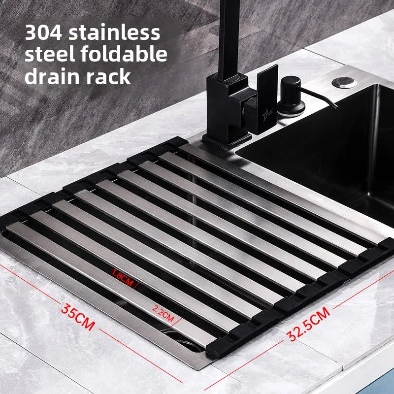 Kitchen sink drain rack 304 stainless steel collapsible dish filter roller curtain sink drain basket storage rack