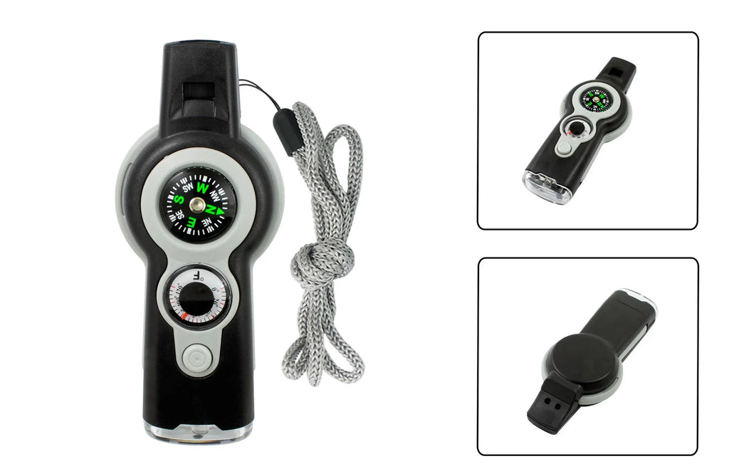 Multifunctional 7-in-1 Emergency Whistle – Outdoor Survival Tool with Compass, Flashlight, Lanyard for Hiking & Camping