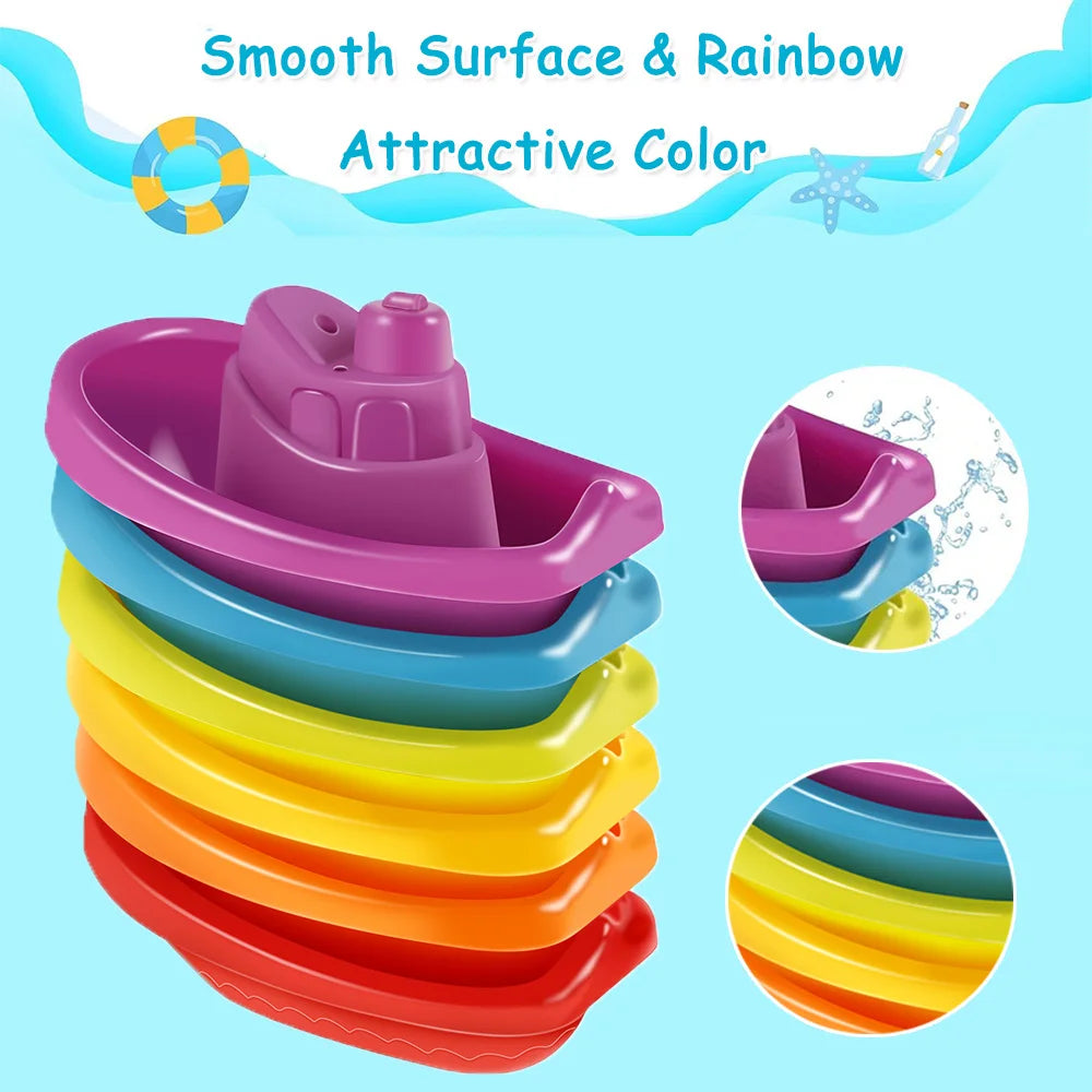 Baby Bath Toys Set – Rainbow Stacking Cups & Boats with Spoons, Educational Bath Toy Stacking Tower for Babies and Toddlers