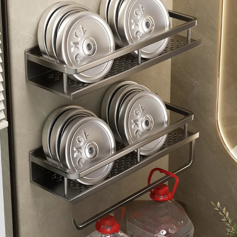 Bathroom storage rack, non perforated washbasin, hand washing and shower area, shower gel wall storage rack