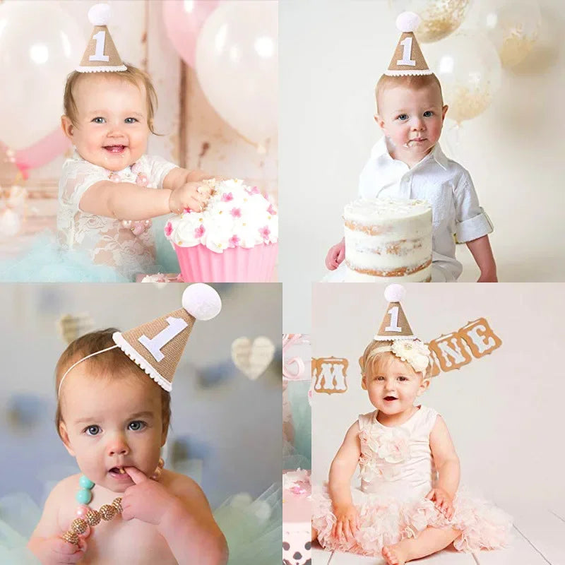 Baby First Birthday Party Hat – Linen Felt Burlap Hat for 1st, 2nd, 3rd Birthday, Baby Shower Headband Decor, Photo Prop