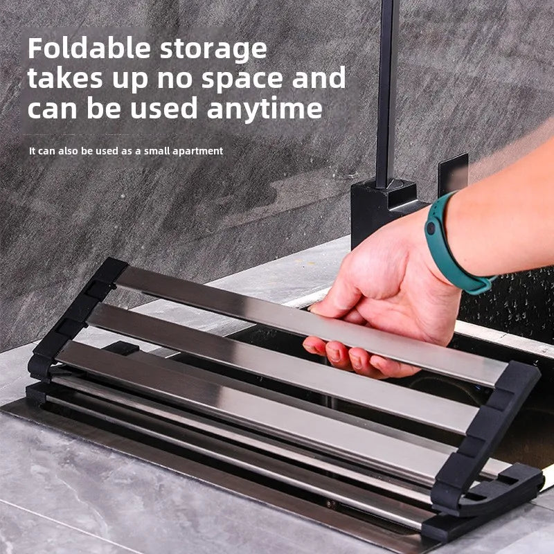 Kitchen sink drain rack 304 stainless steel collapsible dish filter roller curtain sink drain basket storage rack