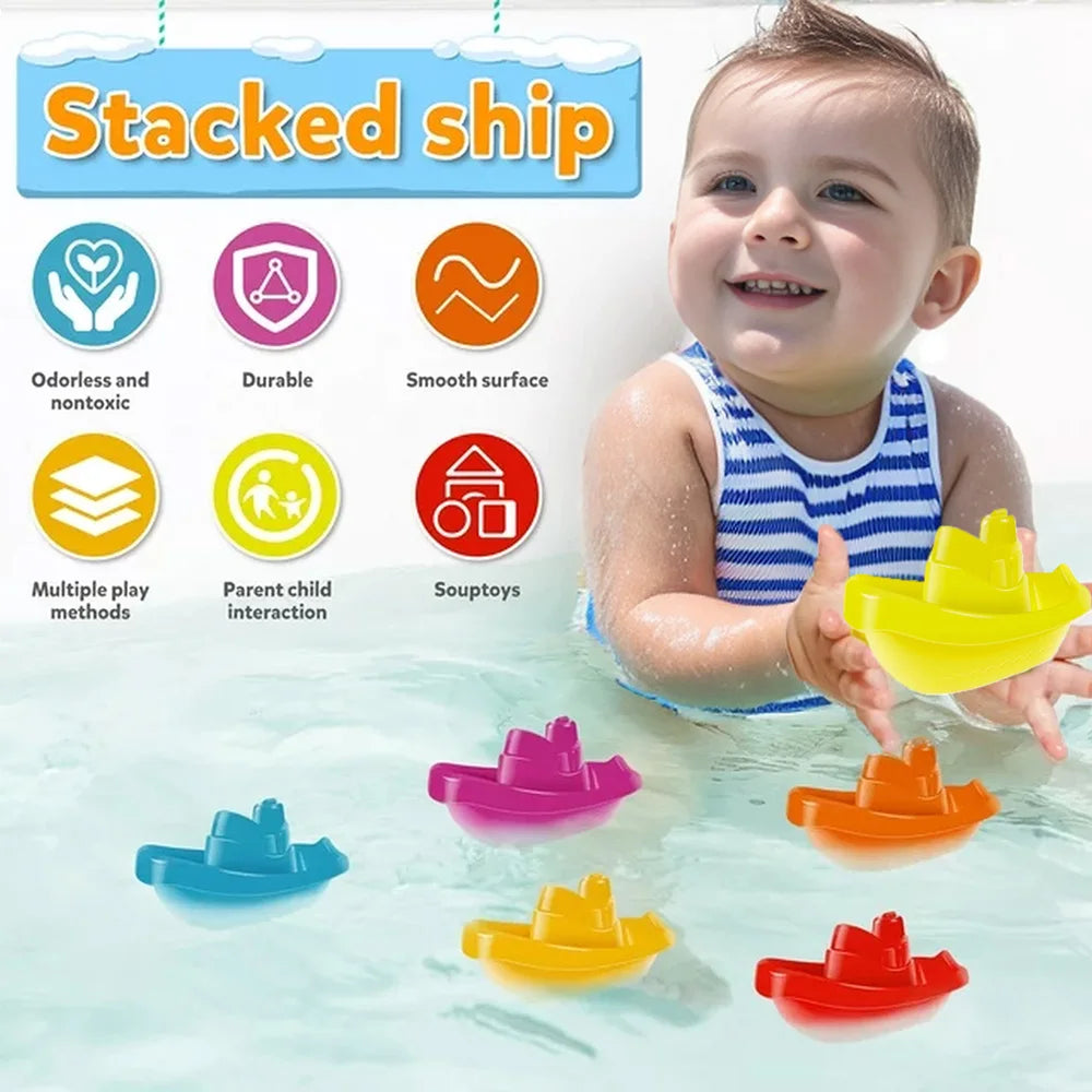 Baby Bath Toys Set – Rainbow Stacking Cups & Boats with Spoons, Educational Bath Toy Stacking Tower for Babies and Toddlers