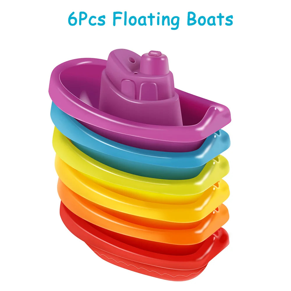 Baby Bath Toys Set – Rainbow Stacking Cups & Boats with Spoons, Educational Bath Toy Stacking Tower for Babies and Toddlers