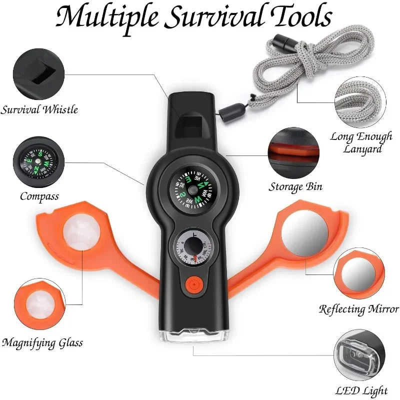 Multifunctional 7-in-1 Emergency Whistle – Outdoor Survival Tool with Compass, Flashlight, Lanyard for Hiking & Camping
