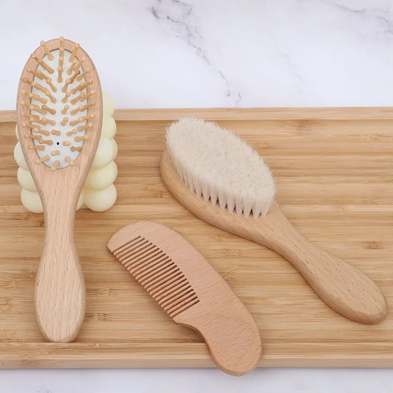 Newborn Baby Hairbrush – Wooden Comb and Soft Wool Brush for Infants, Head Massager & Bath Brush, Personalized Baby Shower Gift