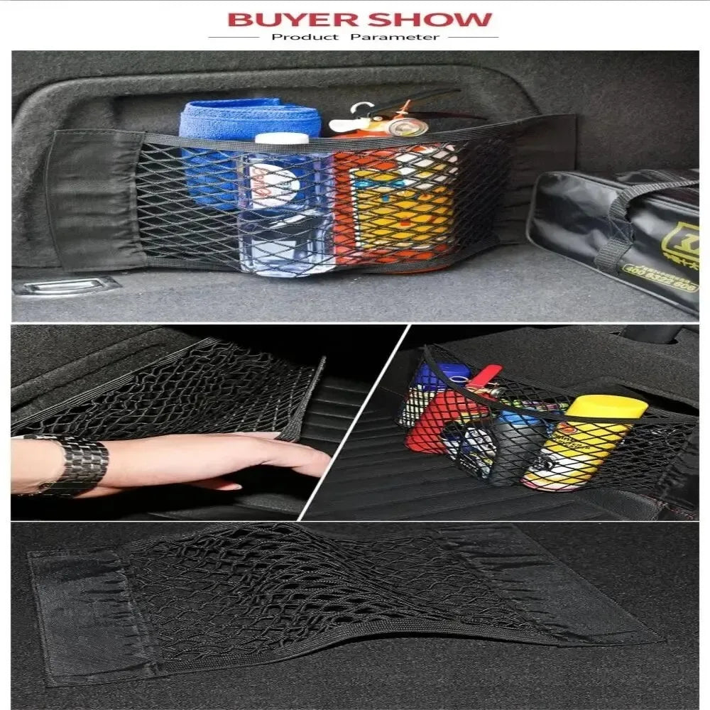 Car Storage Net Stretchable Mesh Pocket Net Magic Elastic Sticker Universal Rear Mesh Trunk Seat Bag Pocket Cage Auto Organizer