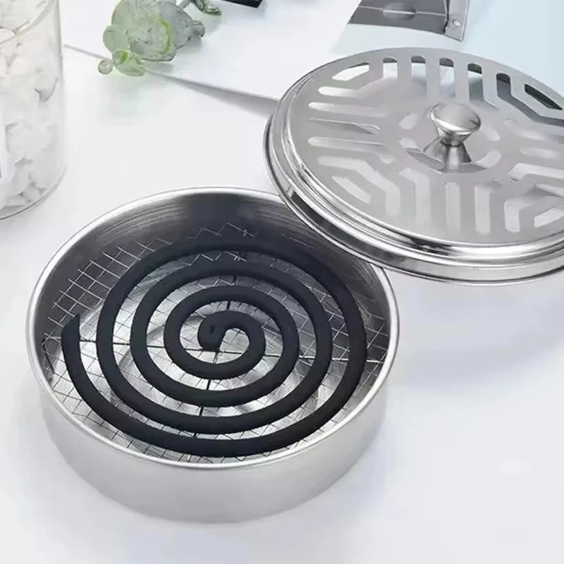 Mosquito Coils Holder Stainless Steel Mosquito Coil Box with Cover Round Mosquito Coil Tray Easy To Clean Anti-Mosquito Supplies