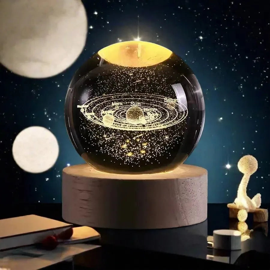 3D Solar System Crystal Ball with LED Base — Night Light