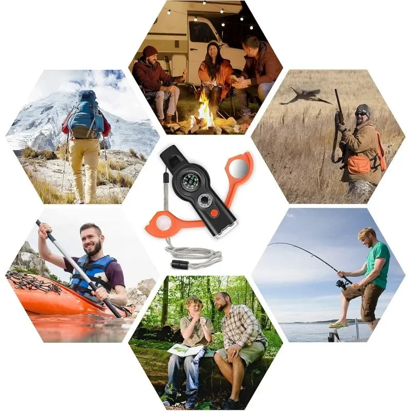 Multifunctional 7-in-1 Emergency Whistle – Outdoor Survival Tool with Compass, Flashlight, Lanyard for Hiking & Camping