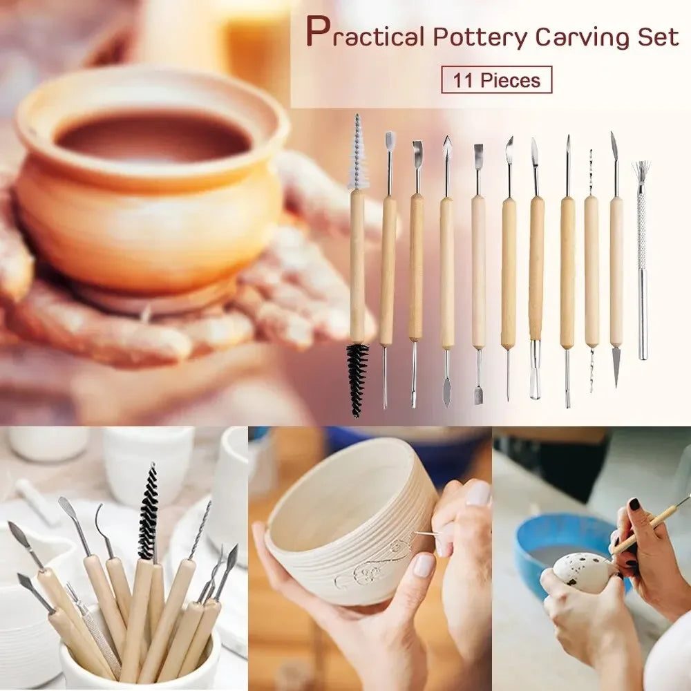11pcs/set Pottery Tools  Wood Double-Ended Wire Knife For Clay Repair, Clay Sculpture Carving Tool Set Ceramic Polymer carveKit