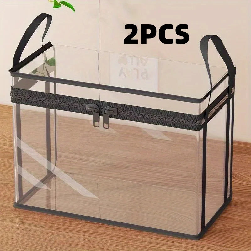 2-Pack Large Transparent Storage Boxes, Foldable and Space-Saving, with Flip Lids, Large Rectangular Organizing Boxes with Front and Lid, Space-Saving Design Suitable for Books, Clothes, Office, Home, Travel, Durable Plastic
