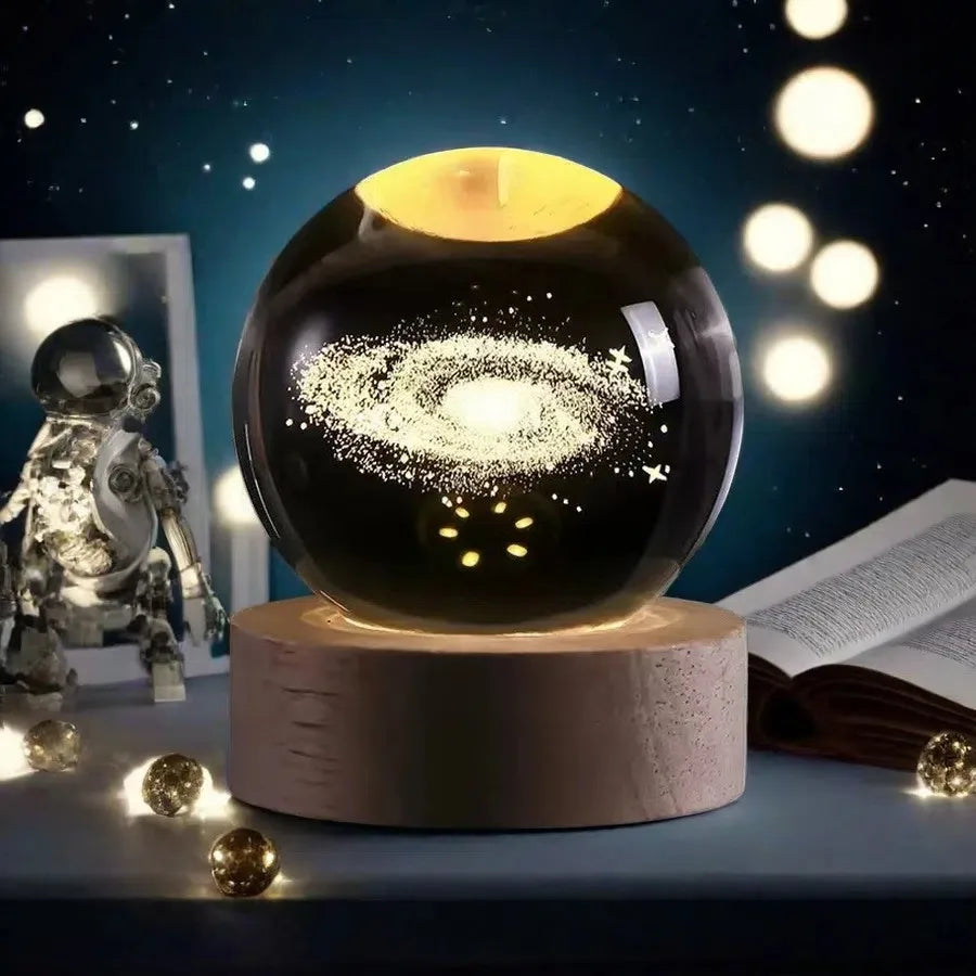 3D Solar System Crystal Ball with LED Base — Night Light