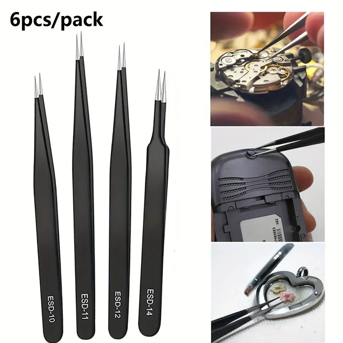 ESD Anti-Static Tweezers Set — 6-Piece Stainless Steel