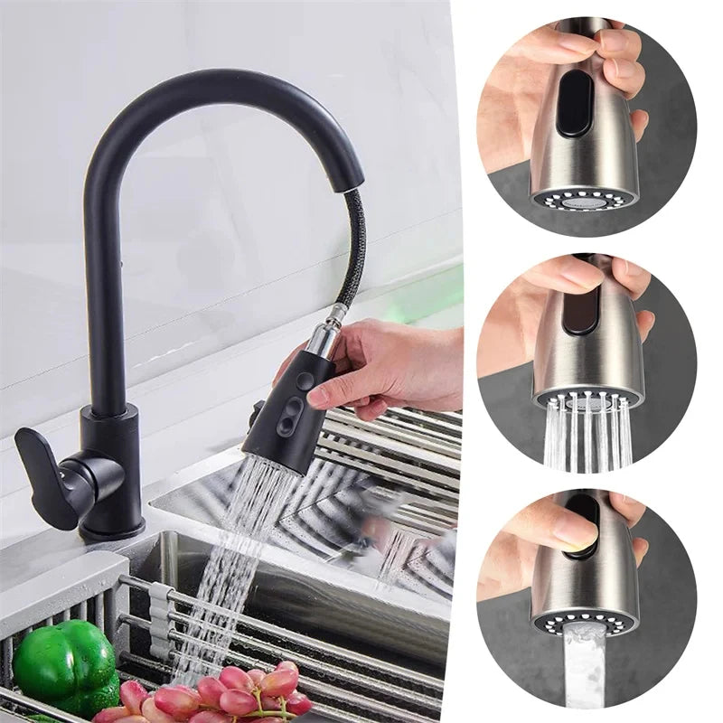 Kitchen Pull-Out Faucet Stainless Steel Body Cold And Hot Sink Multifunctional Home Use Faucet for Washing Basin And Dishwashing