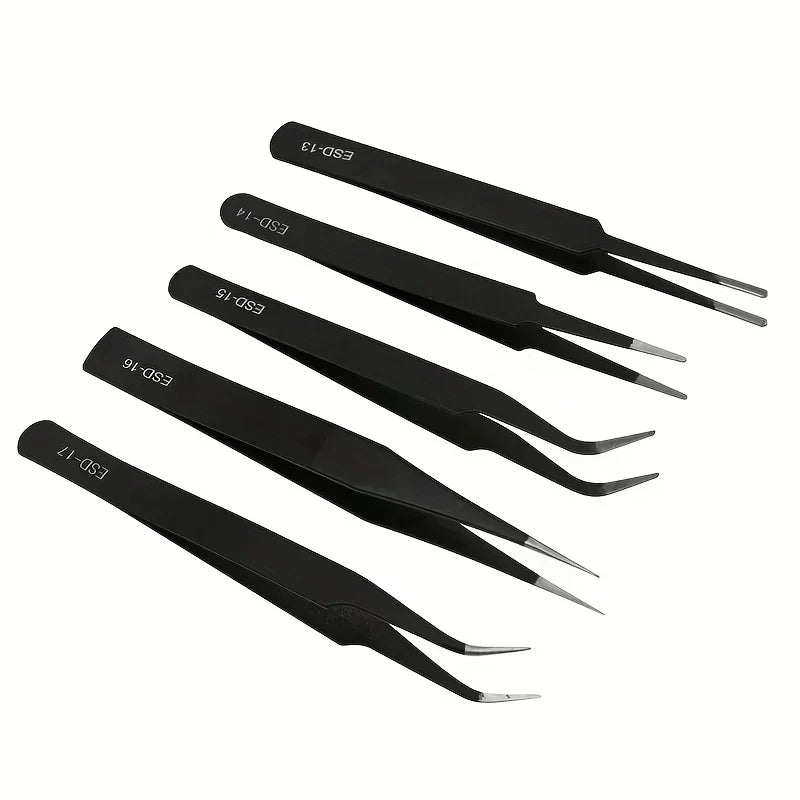 ESD Anti-Static Tweezers Set — 6-Piece Stainless Steel