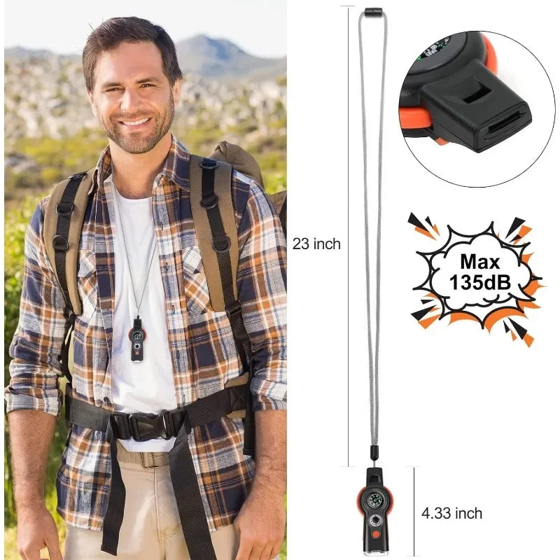 Multifunctional 7-in-1 Emergency Whistle – Outdoor Survival Tool with Compass, Flashlight, Lanyard for Hiking & Camping