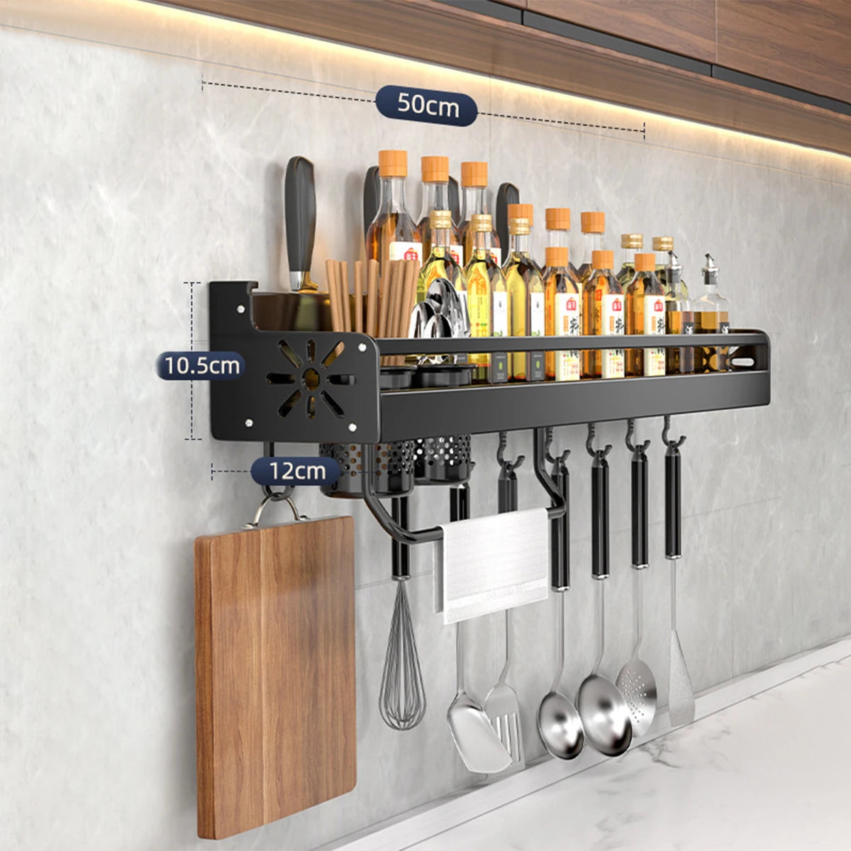 Metal Kitchen Shelf No-Punch Large Capacity Storage Kitchen Utensils Skeletonized Drainage Design Easy to Clean Black