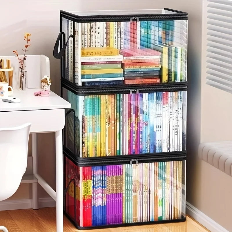 2-Pack Large Transparent Storage Boxes, Foldable and Space-Saving, with Flip Lids, Large Rectangular Organizing Boxes with Front and Lid, Space-Saving Design Suitable for Books, Clothes, Office, Home, Travel, Durable Plastic