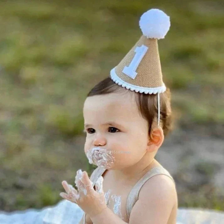 Baby First Birthday Party Hat – Linen Felt Burlap Hat for 1st, 2nd, 3rd Birthday, Baby Shower Headband Decor, Photo Prop