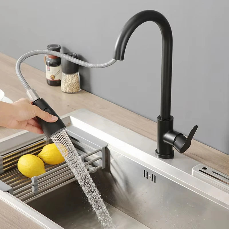 Kitchen Pull-Out Faucet Stainless Steel Body Cold And Hot Sink Multifunctional Home Use Faucet for Washing Basin And Dishwashing
