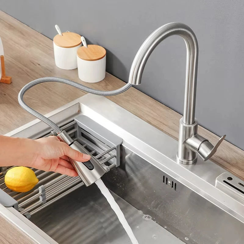 Kitchen Pull-Out Faucet Stainless Steel Body Cold And Hot Sink Multifunctional Home Use Faucet for Washing Basin And Dishwashing