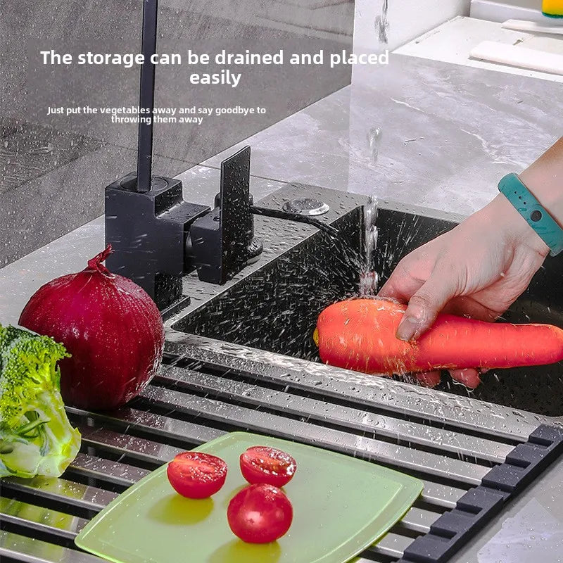 Kitchen sink drain rack 304 stainless steel collapsible dish filter roller curtain sink drain basket storage rack