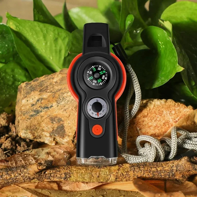 Multifunctional 7-in-1 Emergency Whistle – Outdoor Survival Tool with Compass, Flashlight, Lanyard for Hiking & Camping