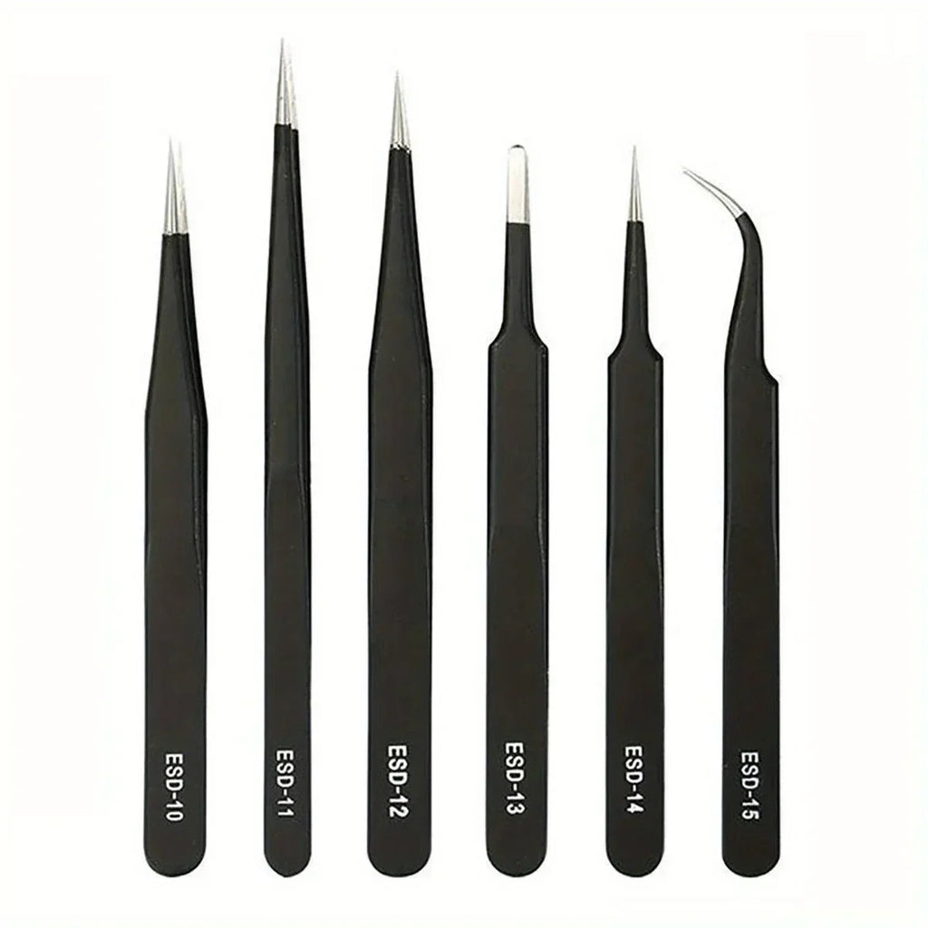 ESD Anti-Static Tweezers Set — 6-Piece Stainless Steel