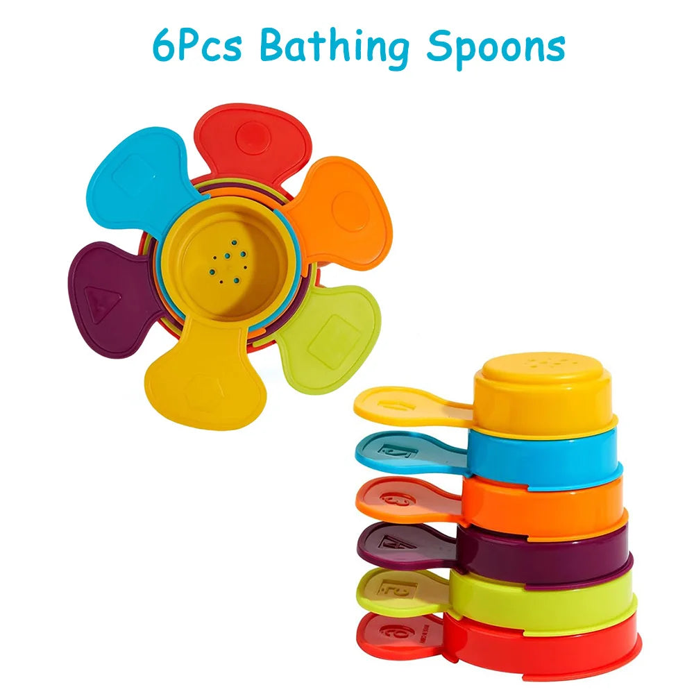Baby Bath Toys Set – Rainbow Stacking Cups & Boats with Spoons, Educational Bath Toy Stacking Tower for Babies and Toddlers