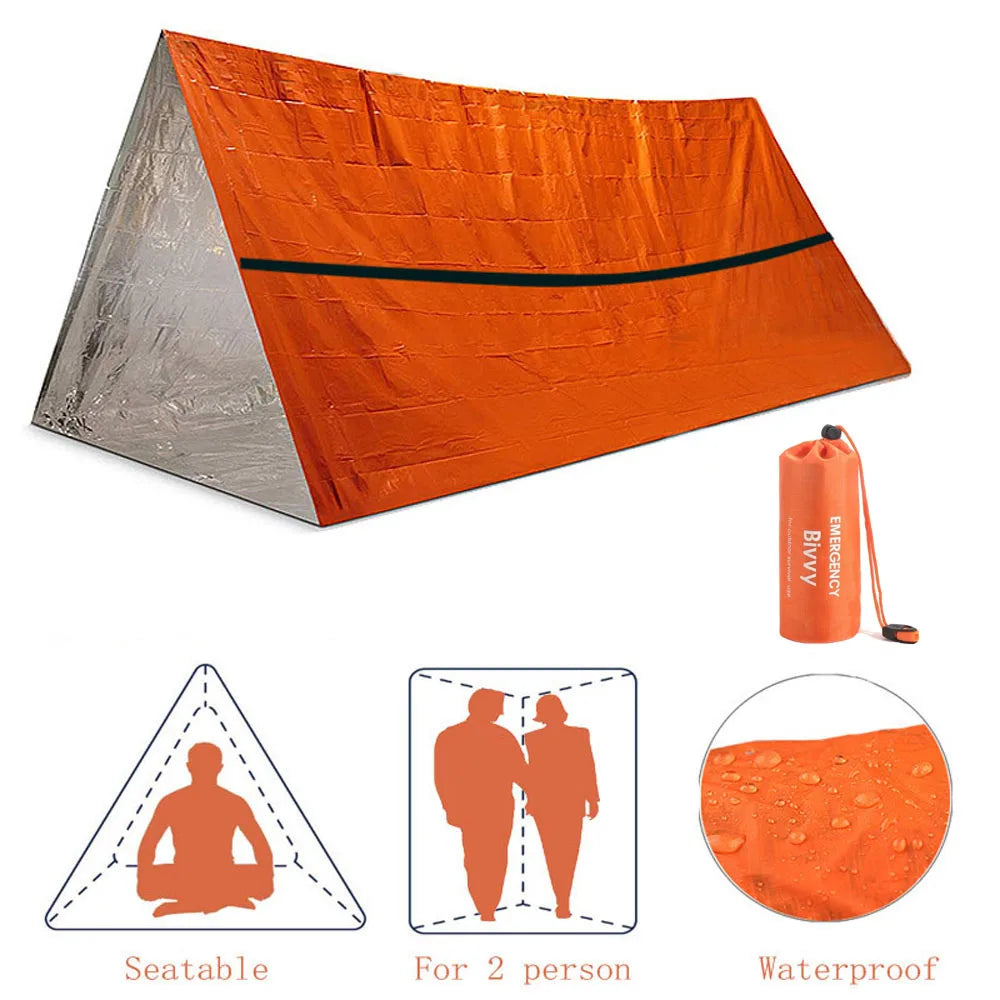 Emergency Survival Shelter for 2 – Waterproof Bivy Mylar Tent and Thermal Blanket, Reusable Camping & Outdoor SOS Kit