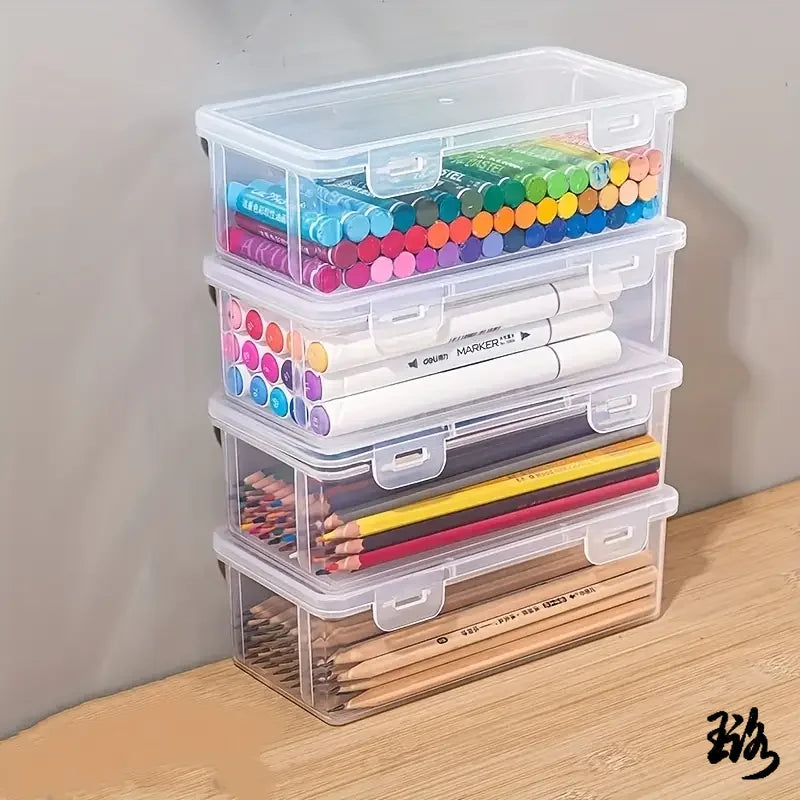 4 large transparent PP storage boxes with lids, used for storing office supplies, pencils, and crafts