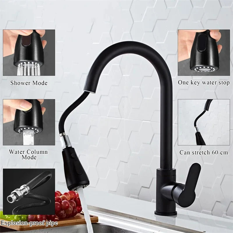 Kitchen Pull-Out Faucet Stainless Steel Body Cold And Hot Sink Multifunctional Home Use Faucet for Washing Basin And Dishwashing
