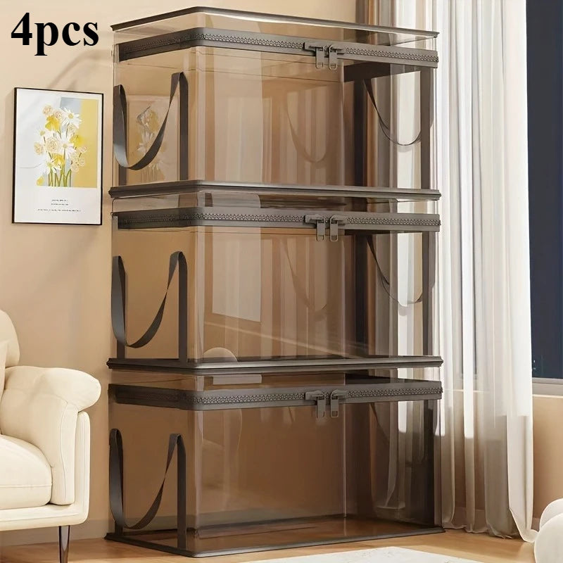 2-Pack Large Transparent Storage Boxes, Foldable and Space-Saving, with Flip Lids, Large Rectangular Organizing Boxes with Front and Lid, Space-Saving Design Suitable for Books, Clothes, Office, Home, Travel, Durable Plastic