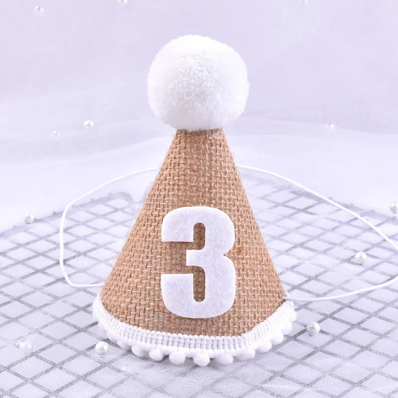Baby First Birthday Party Hat – Linen Felt Burlap Hat for 1st, 2nd, 3rd Birthday, Baby Shower Headband Decor, Photo Prop