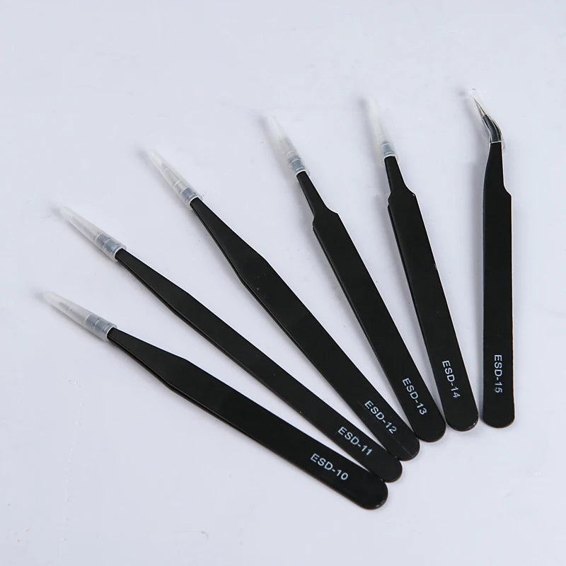 ESD Anti-Static Tweezers Set — 6-Piece Stainless Steel