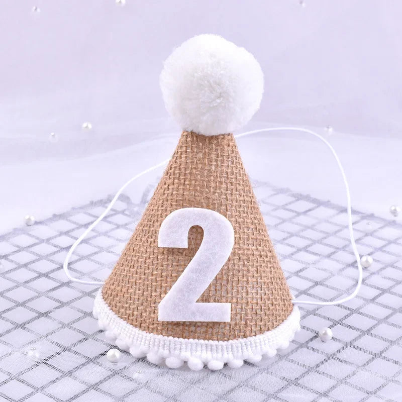 Baby First Birthday Party Hat – Linen Felt Burlap Hat for 1st, 2nd, 3rd Birthday, Baby Shower Headband Decor, Photo Prop