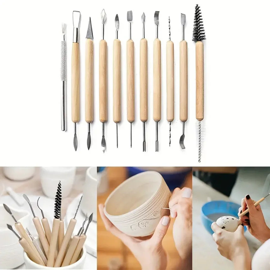 11pcs/set Pottery Tools  Wood Double-Ended Wire Knife For Clay Repair, Clay Sculpture Carving Tool Set Ceramic Polymer carveKit