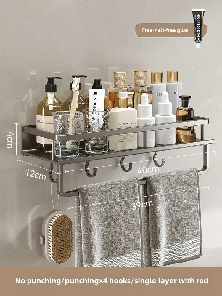 Bathroom storage rack, non perforated washbasin, hand washing and shower area, shower gel wall storage rack